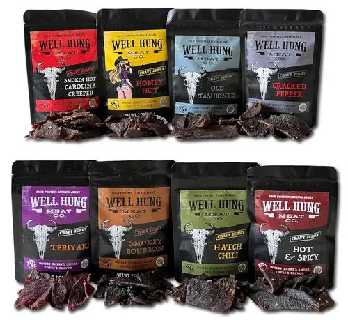 Well Hung Meats Paquete de Muestra de 8 Unidades Carne Seca Artesanal de Res 8x2oz Bolsas Resellables