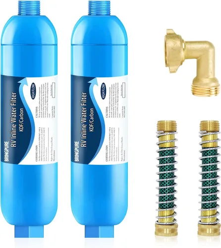Paquete de 2 filtros de agua en línea/marina RV con protector de manguera flexible, certificado NSF, dedicado para jardinería, caravanas, cámperes,