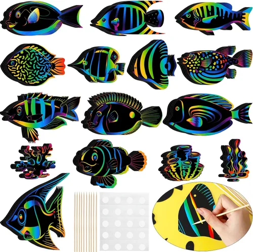 Liliful 60 tarjetas de rascar de peces tropicales, manualidades para adultos bajo el mar, recuerdos de fiesta para mujeres, manualidades, decoración
