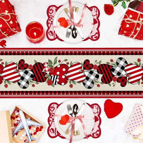 Miniatura 5 de Camino de mesa de corazón de amor para el día de San Valentín, camino de mesa de arpillera antideslizante, decoración retro de lino para casa