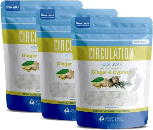 Remojamiento de pies de circulación (paquete de 3 con cuchara) Sales de Epsom para remojar pies con aceites esenciales puros en bolsa sin BPA con