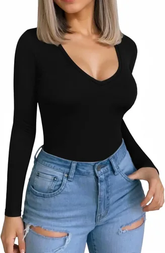 Miniatura 2 de MANGOPOP Camiseta de manga larga con cuello en V para mujer, ajustada, camiseta tipo túnica