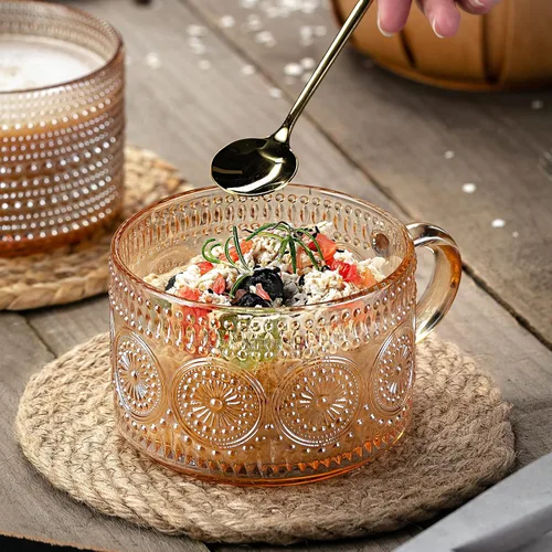 Miniatura 3 de Gezzeny Tazas de café vintage de 14 onzas, juego de 2 tazas de té de vidrio en relieve ámbar para capuchino, café con leche, cereales, yogur
