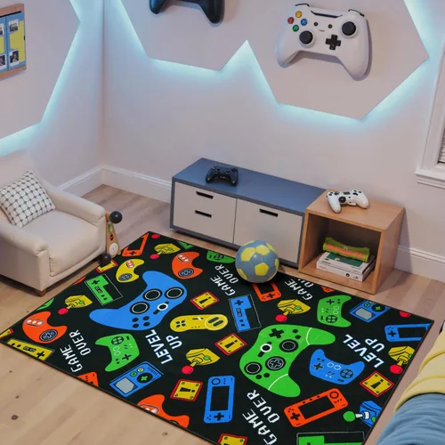 STARUIA Alfombra negra con video gamer para habitación de niños, pequeña alfombra lavable de 3 x 5 pies para dormitorio de niños, alfombra suave