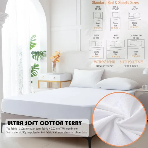 Miniatura 4 de Protector de colchón de rizo de algodón de alta calidad, 100% impermeable, ultrasuave y transpirable, funda de cama refrescante sin ruido, lavable a