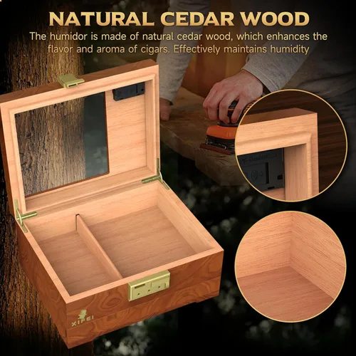 Miniatura 5 de Caja de humidor para puros XIFEI, estuche de escritorio de madera de cedro con higrómetro digital, humidificador, divisor, cajón de accesorios