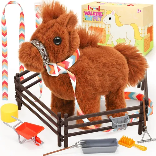 Tagitary Juguetes de Caballo de Peluche para Niños, Juguetes de Peluche Interactivos Electrónicos con Correa que Hacen Sonidos, Caminan y Mueven la