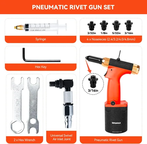 Miniatura 2 de Kit de herramientas de remache de aire hidráulico de pistola de remache neumático con piezas nasales de 3/32 y 1/8 y 5/32 y 3/16 pulgadas