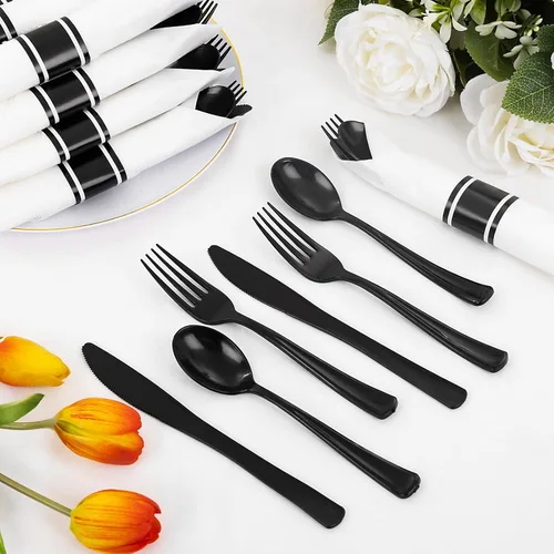 Miniatura 4 de Supernal Paquete de 120 cubiertos de plástico negro, cubiertos enrollados desechables, juego de cubiertos preenvueltos con servilleta, utensilios