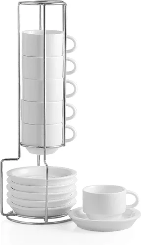 Miniatura 12 de Sweejar - Tazas de café de porcelana con platillos, tazas de capuchino apilables de 4 onzas con soporte de metal para bebidas de café, café