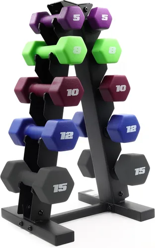 CAP Barbell Juego de mancuernas de neopreno de 100 libras con serie de colores de estante | pares de 5, 8, 10, 12 y 15 libras