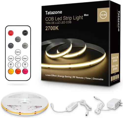 Tatazone Tira de luces LED COB blancas Max con control remoto RF, 16.4 pies 2700K CRI93+ regulable, tira de luz COB blanca cálida ultra brillante,