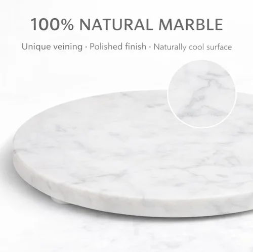 Miniatura 6 de Bandeja de queso de mármol redonda multiusos Tabla de cortar. Blanca grande sólida con pies antideslizantes para estabilidad y protección contra