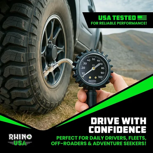 Miniatura 7 de Rhino USA Inflador de neumáticos con manómetro (0-100 PSI) – ANSI B40.1 preciso, esfera brillante grande de 2 pulgadas de fácil lectura, manguera