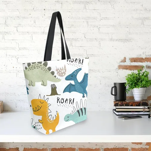 Miniatura 3 de SUABO Bolsa de asas de cocina reutilizable para comestibles, bolsa de compras de lona para exteriores Dinosaurio