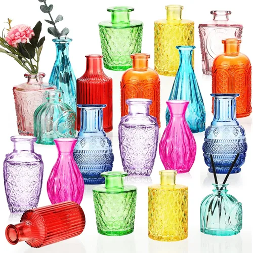 Inbagi Juego de 20 Jarrones de Vidrio para Capullos - Floreros de Flores de Colores al Por Mayor, Botellas Decorativas Vintage en Relieve para