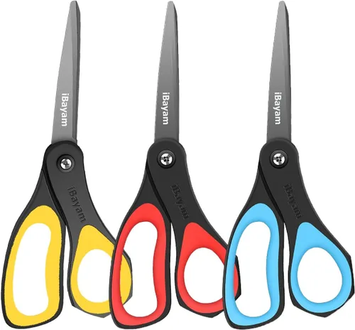 Tijeras, iBayam - Paquete de 3 tijeras antiadherentes multiusos de 8 pulgadas, cuchillas de titanio de 0.098 pulgadas de grosor con agarre cómodo,