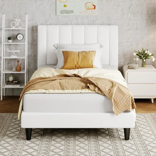 Miniatura 15 de Allewie - Base de cama tamaño King con cabecera acolchada tapizada en terciopelo y diseño acanalado vertical; plataforma de cama con resistentes