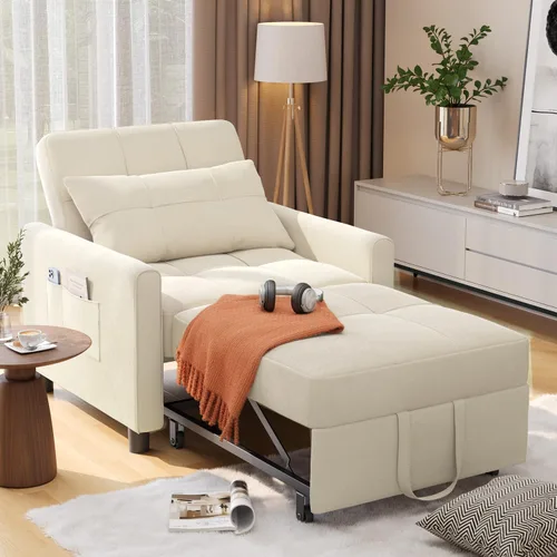 Miniatura 8 de Aiho - Silla de dormir convertible, sofá cama 3 en 1 con diseño ajustable, almohada y bolsillo - Cama plegable para apartamento (Beige)