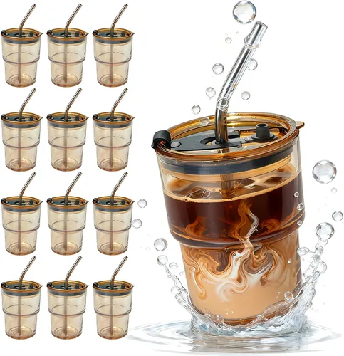 Miniatura 12 de Paquete de 2 vasos de vidrio con tapa y pajita de 13 onzas, lindo juego de tazas de café helado a granel, batido, jugo, matcha, té, capuchino, agua