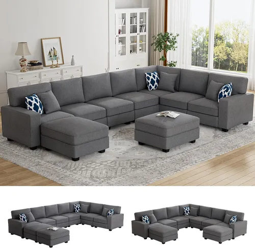 Miniatura 11 de Legend Vansen - Sofá modular seccional en forma de U con otomano, moderno, reversible, de esquina, para sala de estar (Créma, Sofá en forma de U-3)
