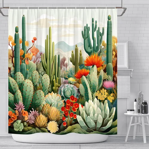 Miniatura 5 de Cortinas de ducha de cactus con plantas tropicales y flores, flores suculentas, desierto, montaña, paisaje, decoración de baño, cortinas de tela