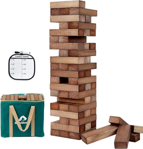 ApudArmis Torre Gigante Tumble (Se apila desde 2 pies hasta más de 4.2 pies), 54 PIEZAS Juego de Madera de Pino Apilable Timber con 1 Juego de Dados