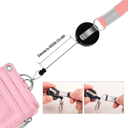 Miniatura 4 de 【Lo último de 2025】 Lindo portacarnet retráctil con cordón enrollable y clip con mosquetón resistente, 1 ventana transparente para identificación