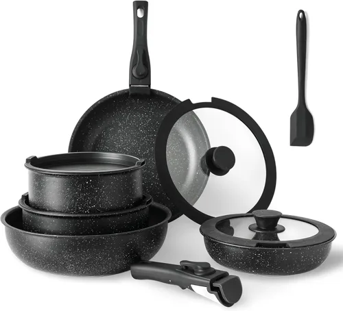 Simple Deluxe Juego de 12 utensilios de cocina antiadherentes, con textura de granito negro y asas desmontables, resistentes a altas temperaturas,