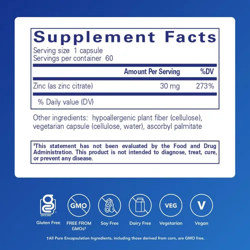 Miniatura 2 de Pure Encapsulations Zinc (citrato) - para el sistema inmunológico, el desarrollo de tejidos y el metabolismo* - Suplemento mineral con enzimas