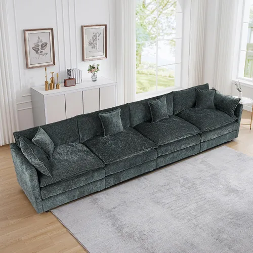 Miniatura 11 de Setawix Sofá Profundo de 3 Plazas con Otomana, Sofás de Nube en Forma de L de 112.2" para Sala de Estar, Sofá de Nube de Chenilla con Asiento Café