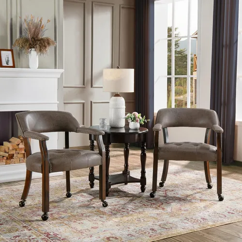 Miniatura 29 de Juego de 8 sillas de cuero de comedor con ruedas y brazos, silla de capitán Accent con ruedas, sillas de madera con ruedas enrollables para cocina