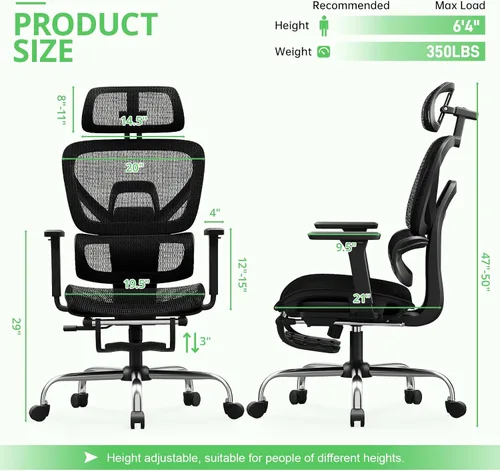 Miniatura 3 de Synorla Silla de oficina ergonómica con reposapiés, silla de escritorio de malla con reclinación de 135°, soporte lumbar ajustable, reposabrazos