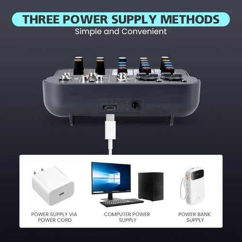 Miniatura 5 de Mezclador de audio DJ de 4 canales, mezcladores de sonido, placa de mezcla de sonido XLR 1/4" de interfaz, entrada BT USB MP3 para computadora