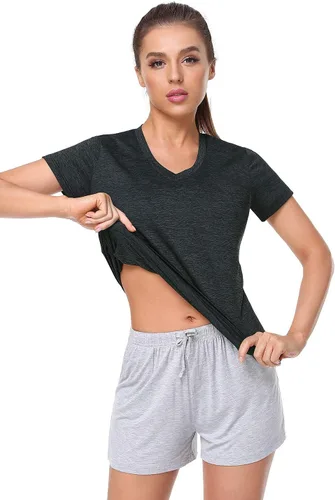 Miniatura 4 de Xelky Paquete de 3-4 camisetas de ajuste seco para mujer, de manga corta, absorben la humedad, deportivas, con cuello en V, para entrenamiento