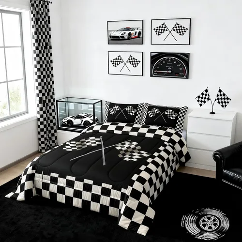 Miniatura 2 de Castle Fairy Juego de edredón con bandera a cuadros en blanco y negro para niños, niñas, mujeres y adultos, edredón con temática de carreras, juego