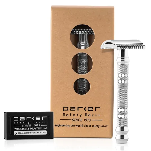 Parker - Maquinilla de afeitar de seguridad de doble filo, mango cromado pesado para afeitados más cercanos, incluye 5 cuchillas de afeitar, ideal
