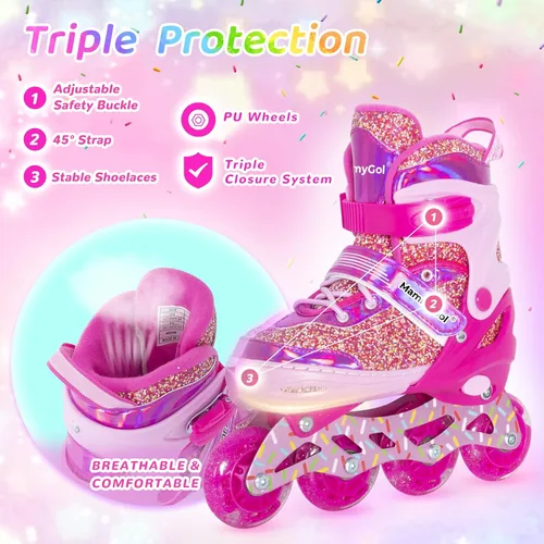 Miniatura 4 de Mammygol Patines en línea para niñas y niños, 4 tamaños ajustables para niñas de 3 a 12 años con ruedas iluminadas y protección de seguridad, regalo