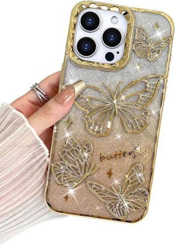 Miniatura 36 de BITOBE Diseñada para iPhone 15 Pro Max, bonita funda de mariposa 3D chapada en purpurina delgada para mujeres y niñas, protección de cámara, Negro