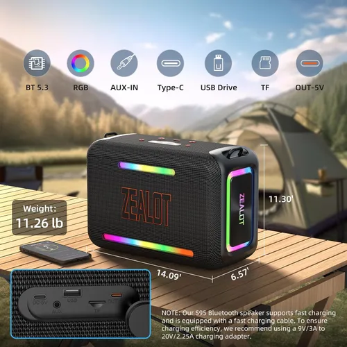 Miniatura 6 de ZEALOT Altavoz Bluetooth de 120 W RMS (pico de 150 W), altavoces inalámbricos portátiles IPX6, resistente al agua, altavoz de subwoofer Bluetooth