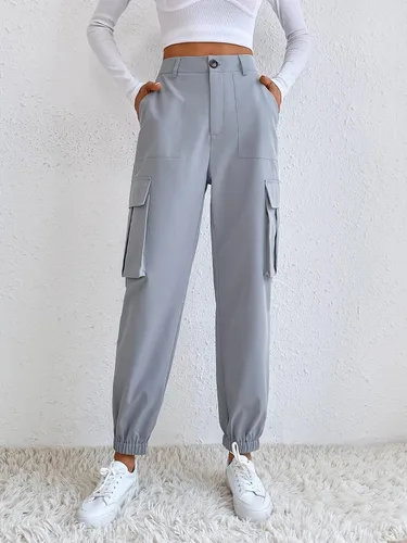 Miniatura 3 de MakeMeChic Pantalones cargo casuales de cintura alta para mujer con bolsillos