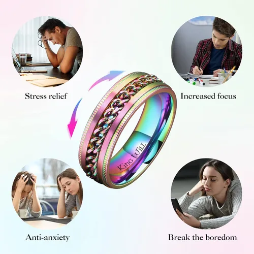 Miniatura 78 de King Will - Anillo antiestrés de acero inoxidable 316L para hombres y mujeres, con cadena decorativa giratoria, 8 mm de ancho, anillo de boda