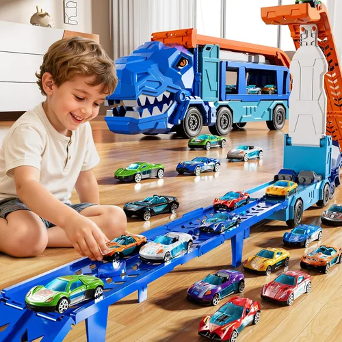 Miniatura 3 de Juego de pistas de camiones para niños de 3, 4, 5, 6 años, camión de dinosaurio, pista de carreras con 12 juguetes de autos de carreras fundidos a