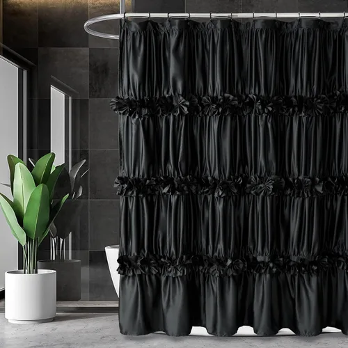 Homechoice Decor Cortina de ducha con volantes negros, cortina de baño con lazo de moño vintage hecha a mano para baño principal, cortina de baño de