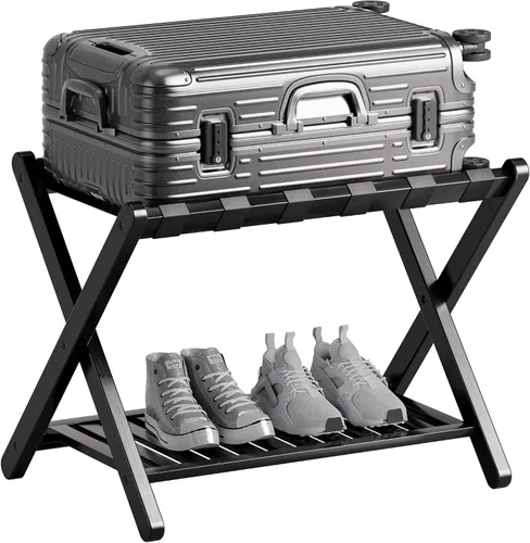 Miniatura 10 de SMIBUY Portaequipajes, soporte plegable de bambú para maleta con estante de almacenamiento para habitación de invitados, dormitorio, hotel, Natural