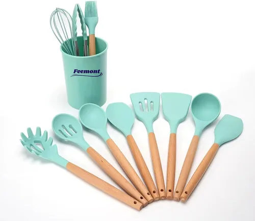 Miniatura 3 de Juego de utensilios de cocina de silicona de 33 piezas con soporte, resistentes al calor, utensilios de cocina antiadherentes con asas de madera