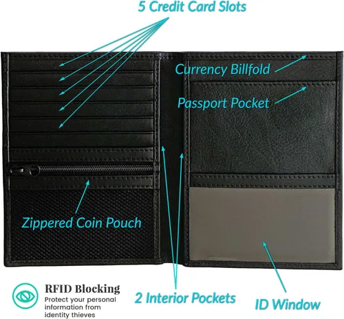 Miniatura 2 de Soporte para pasaporte de viaje de cuero genuino con bloqueo RFID, Negro -, Cartera Rfid