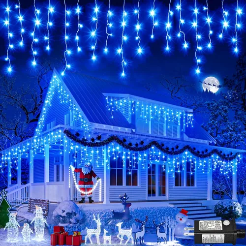 Miniatura 19 de Luces de Navidad de carámbano para exteriores, 66 pies, 640 luces LED de Navidad azules y blancas, 8 modos con 120 gotas, luz de carámbano