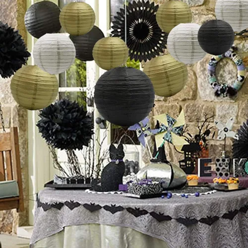 Miniatura 3 de Faroles de papel colgantes redondos, decoración para fiestas, bodas, cumpleaños, baby showers, suministros de Halloween, color negro, 10 pulgadas, 8