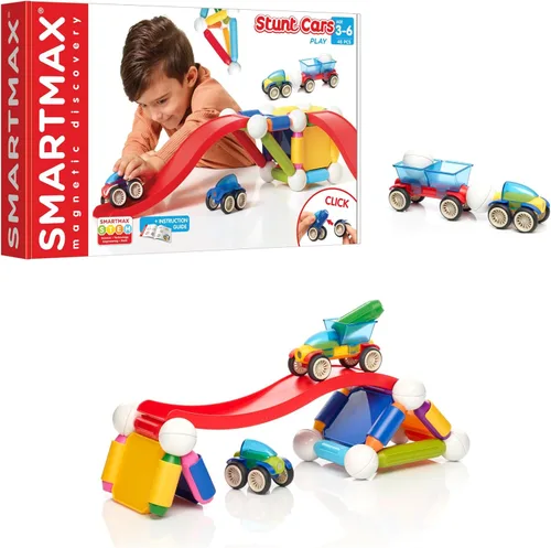SmartMax Stunt Cars - Juego de construcción de descubrimiento magnético STEM con vehículos en movimiento con piezas de construcción seguras,